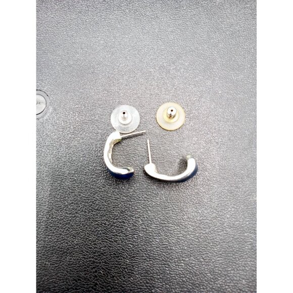 Vintage Silver & Blue Enamel Crescent-Shaped Stud Earrings With Push Back Closur - Picture 6 of 9